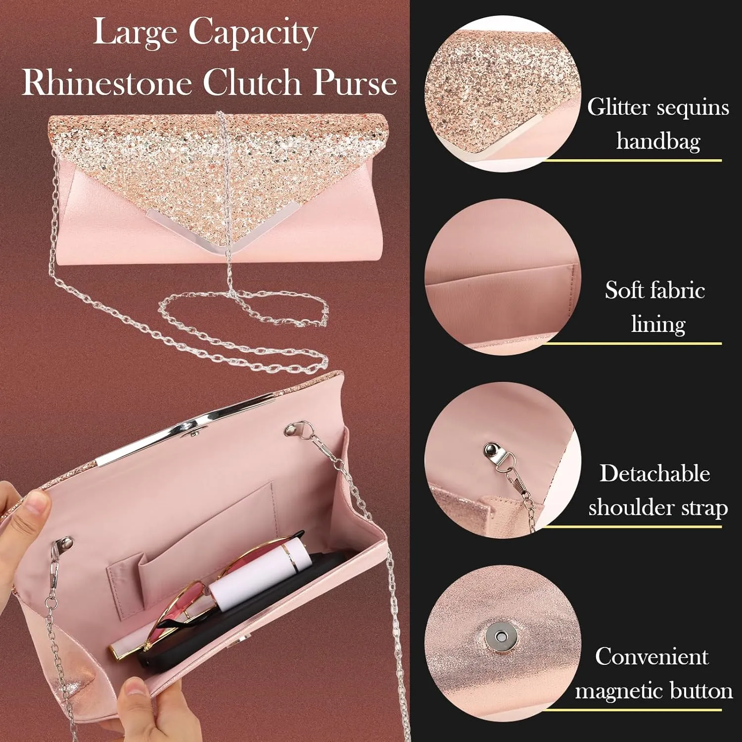 5 Pieces Clutch Purse Rhinestone Jewelry Sets for Women Prom Necklace Earrings Bracelet Ring Bling Glitter Purse Formal Jewelry for Women Evening Wear