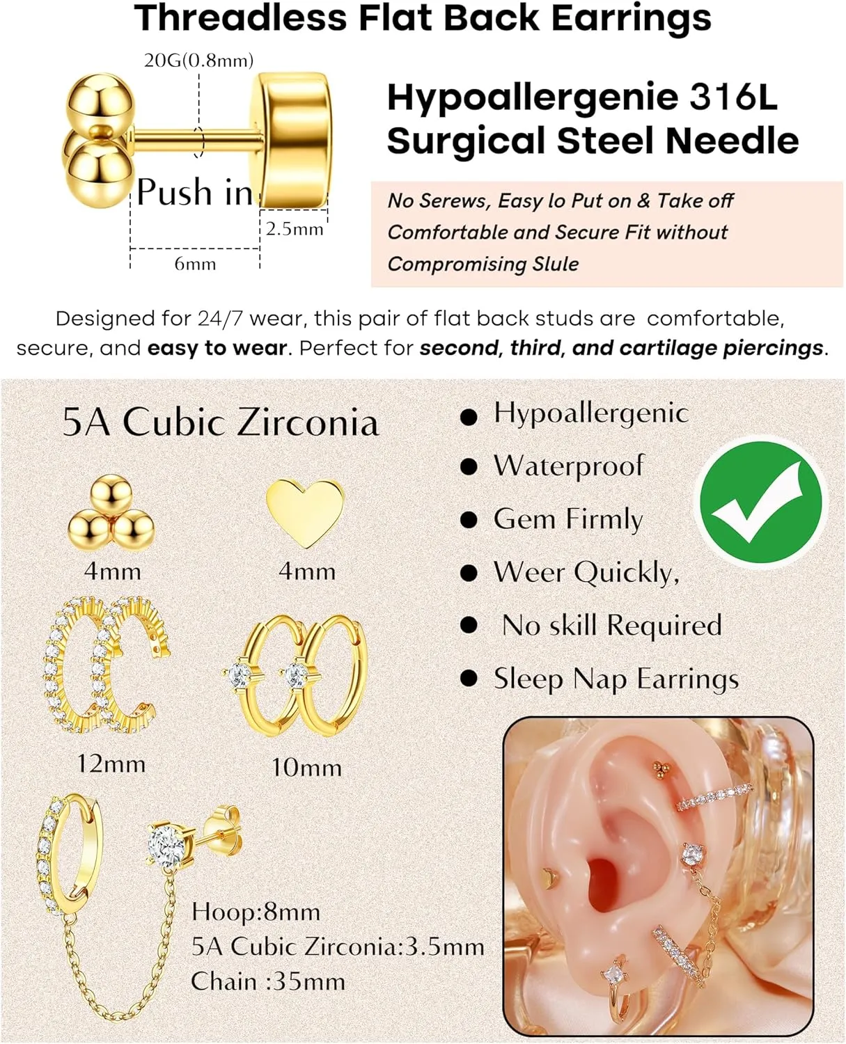 7 Pairs Gold Earrings Set for Women Trendy,Hypoallergenic Surgical Steel Flat Back Cartilage Earring Sets for Multiple Piercing,Lightweight Small Silver Gold Ear Cuff Huggie Hoop Stud Earrings Stacks