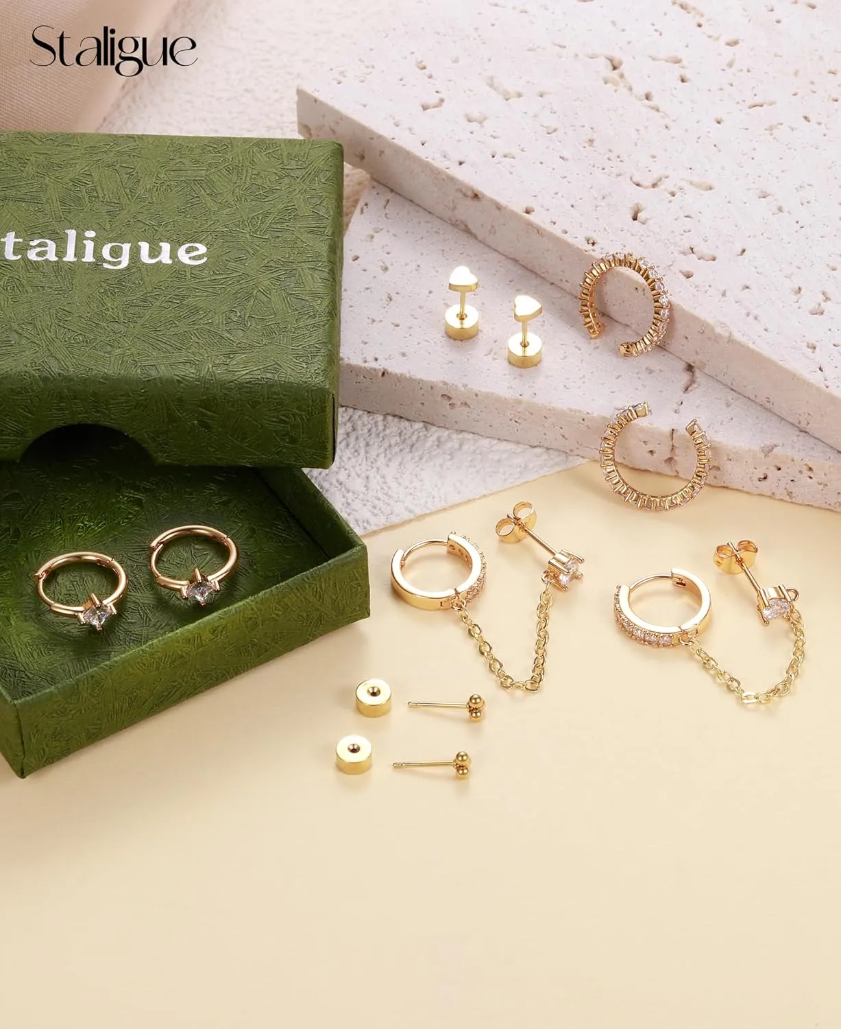 7 Pairs Gold Earrings Set for Women Trendy,Hypoallergenic Surgical Steel Flat Back Cartilage Earring Sets for Multiple Piercing,Lightweight Small Silver Gold Ear Cuff Huggie Hoop Stud Earrings Stacks