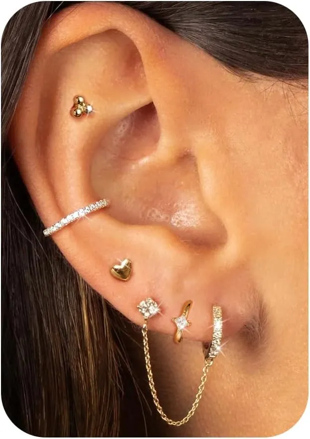 7 Pairs Gold Earrings Set for Women Trendy,Hypoallergenic Surgical Steel Flat Back Cartilage Earring Sets for Multiple Piercing,Lightweight Small Silver Gold Ear Cuff Huggie Hoop Stud Earrings Stacks