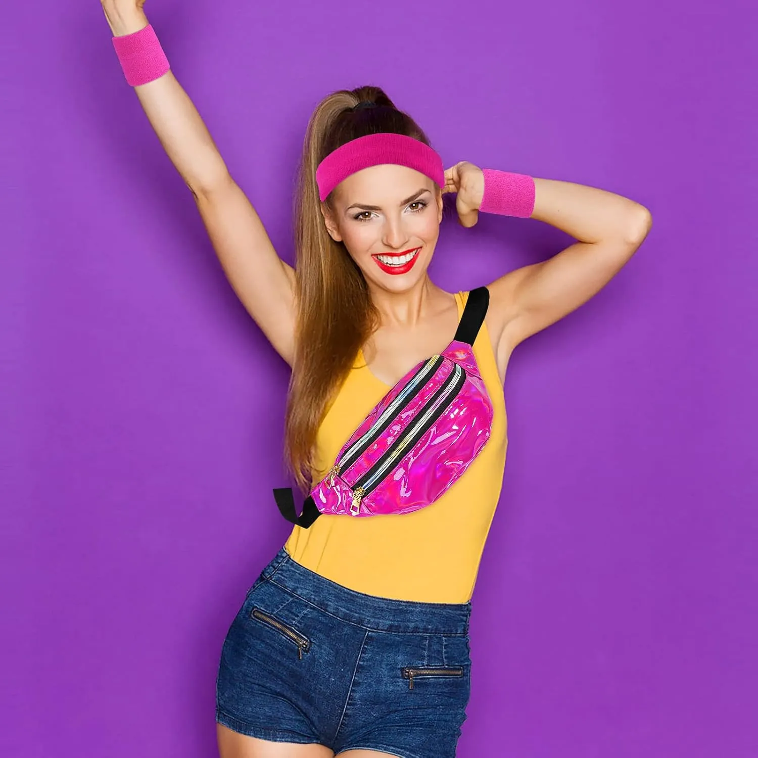 80s Accessories for Women, Leg Warmers 80s Costumes Workout Outfit Holographic Fanny Pack Neon Headband Wristbands