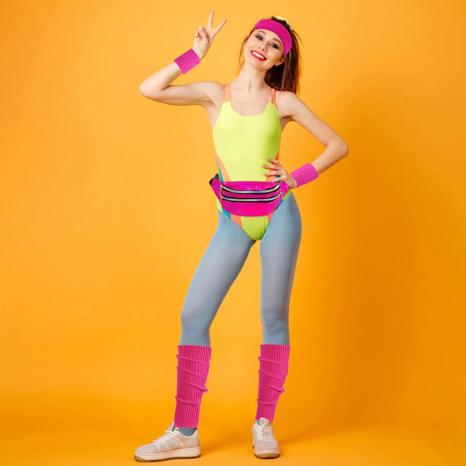 80s Accessories for Women, Leg Warmers 80s Costumes Workout Outfit Holographic Fanny Pack Neon Headband Wristbands