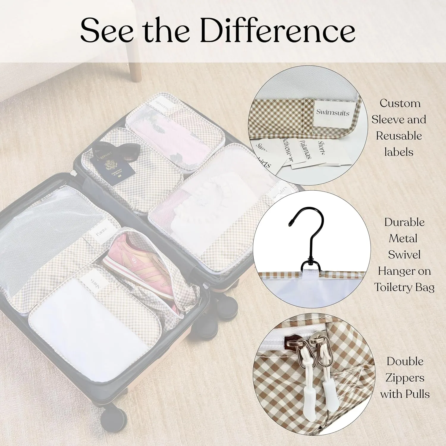 9 Piece Set Packing Cubes - Suitcase Organizer, Cute Packing Cubes, Travel Bag Organizer Luggage, Toiletry & Makeup Bag, Gifts for Women, Teachers and Gradutes-Gingham