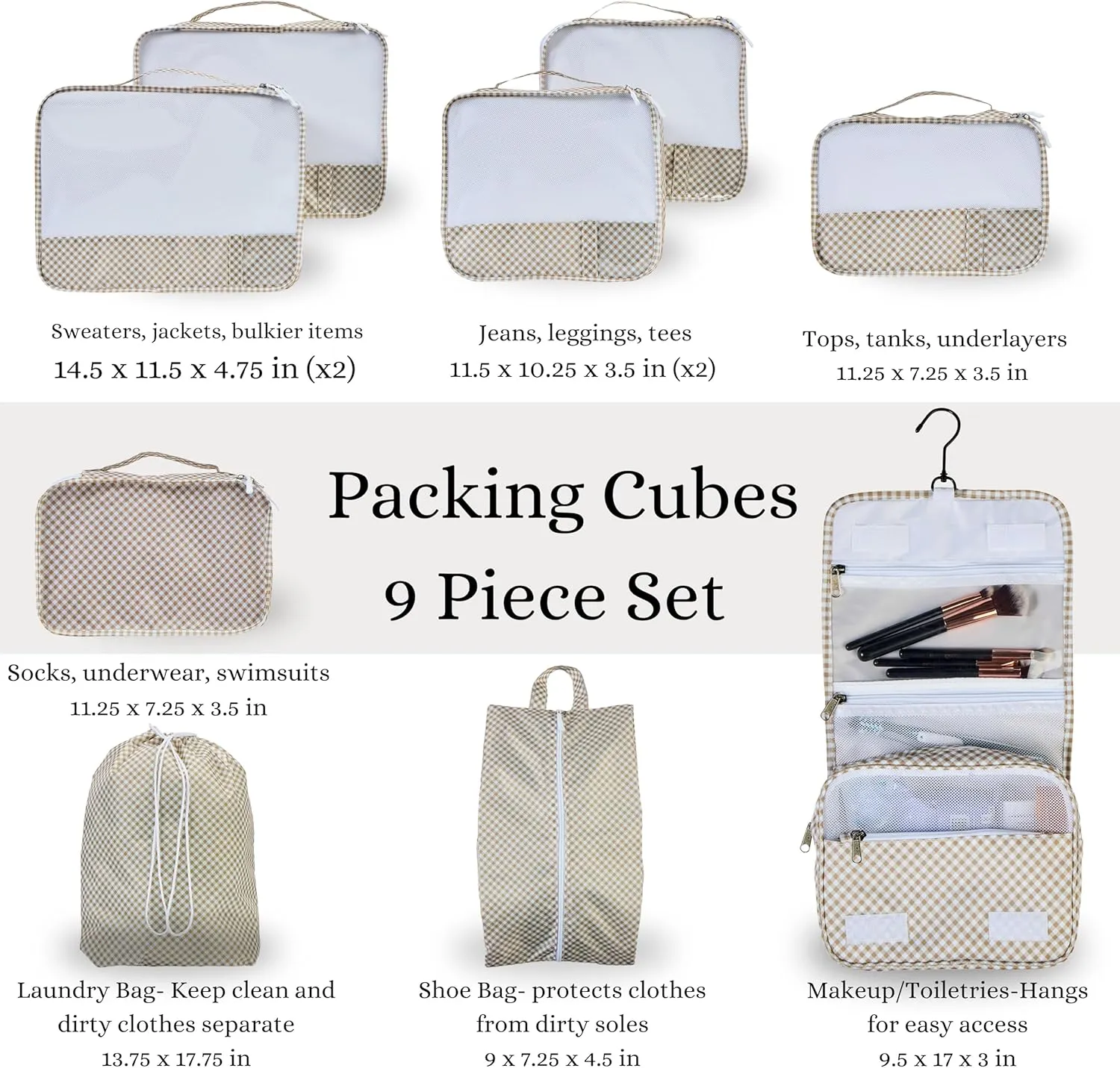 9 Piece Set Packing Cubes - Suitcase Organizer, Cute Packing Cubes, Travel Bag Organizer Luggage, Toiletry & Makeup Bag, Gifts for Women, Teachers and Gradutes-Gingham