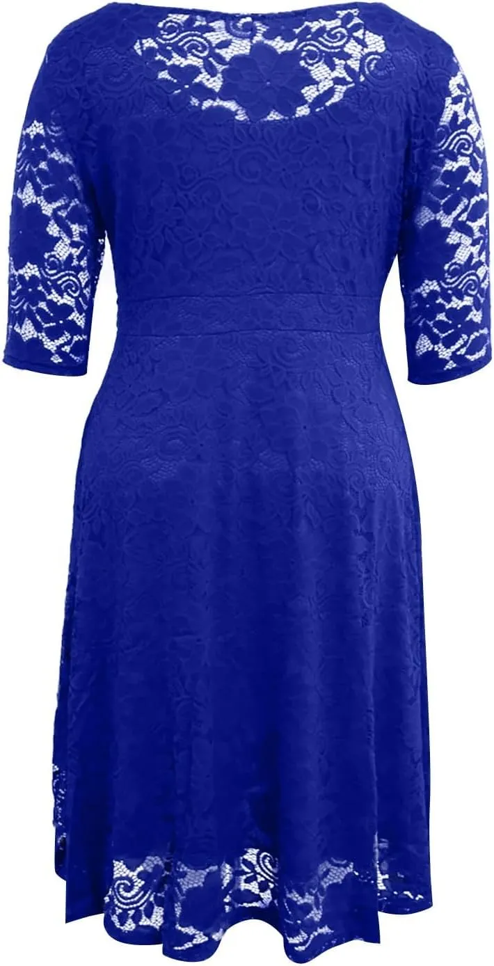 ADHOWBEW Formal Dresses for Women Plus Size Lace Chiffon Dress Elegant Long Sleeve Midi Dress