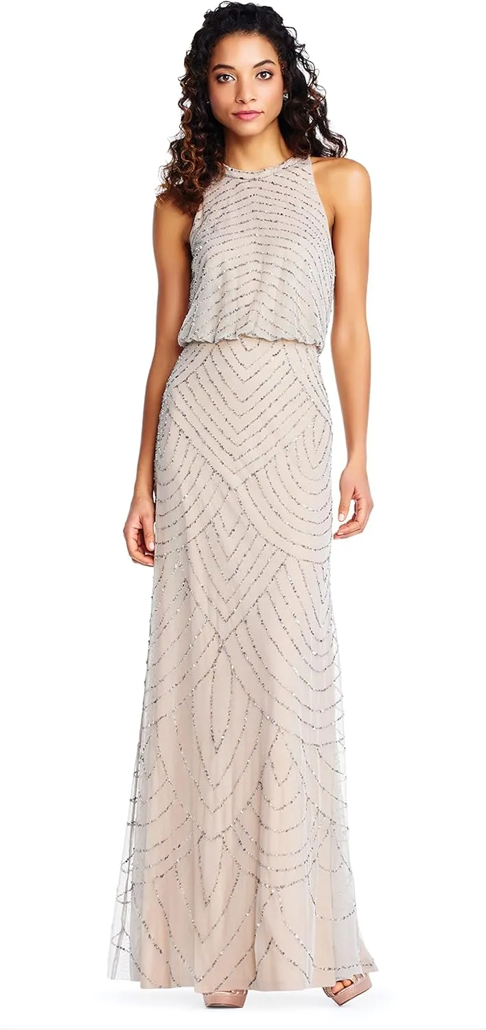 Adrianna Papell Women's Halter Art Deco Beaded Blouson Dress