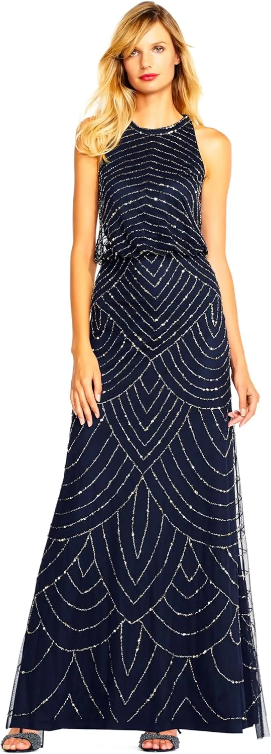 Adrianna Papell Women's Halter Art Deco Beaded Blouson Dress