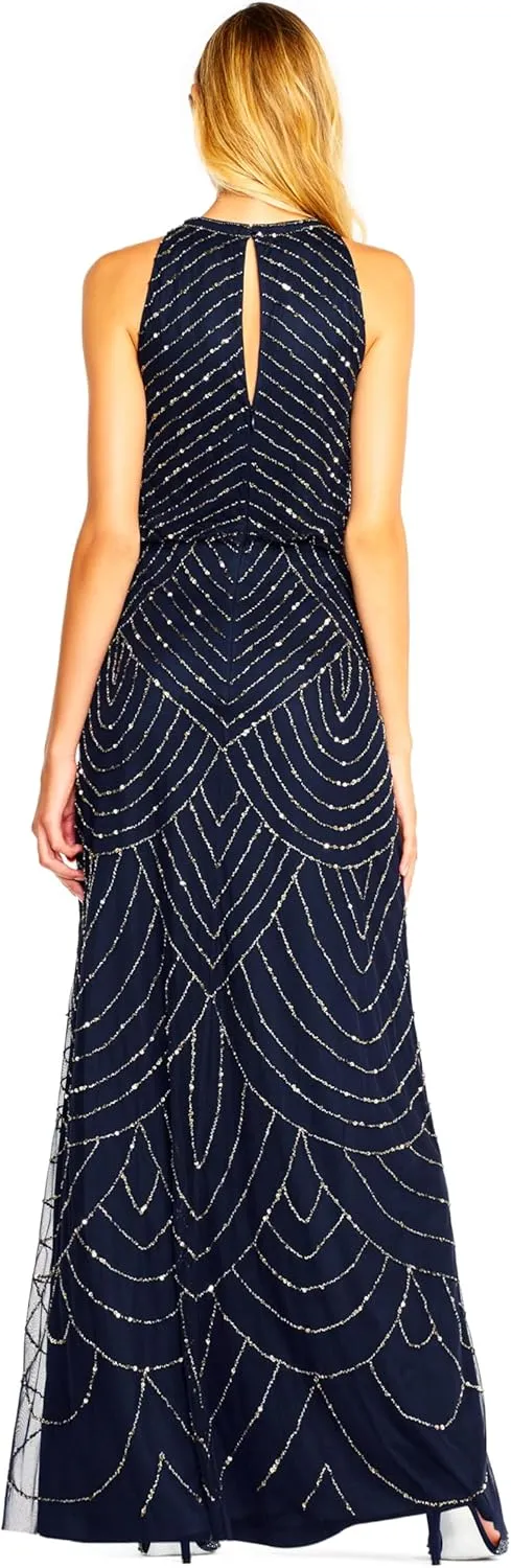 Adrianna Papell Women's Halter Art Deco Beaded Blouson Dress