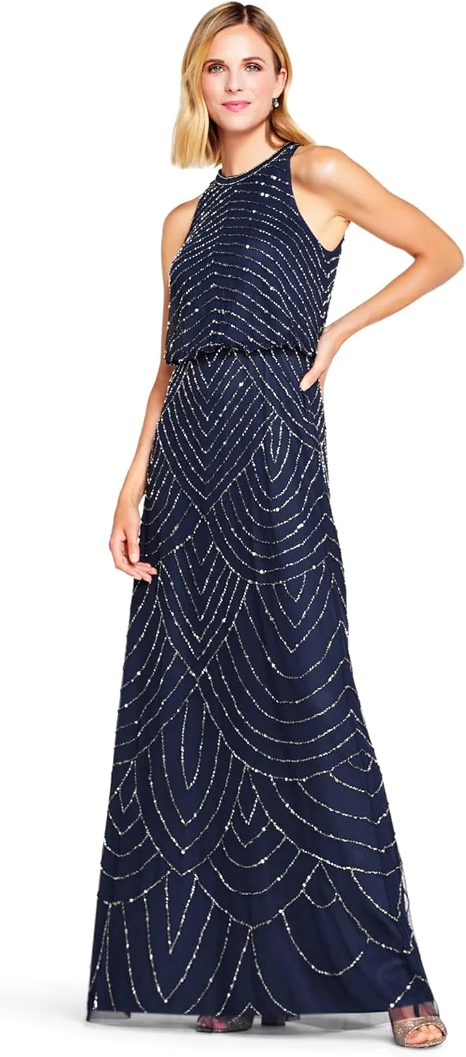 Adrianna Papell Women's Halter Art Deco Beaded Blouson Dress