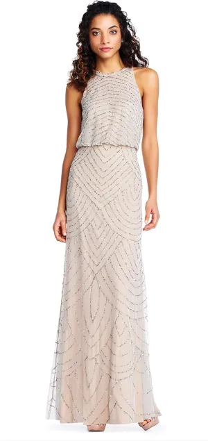 Adrianna Papell Women's Halter Art Deco Beaded Blouson Dress