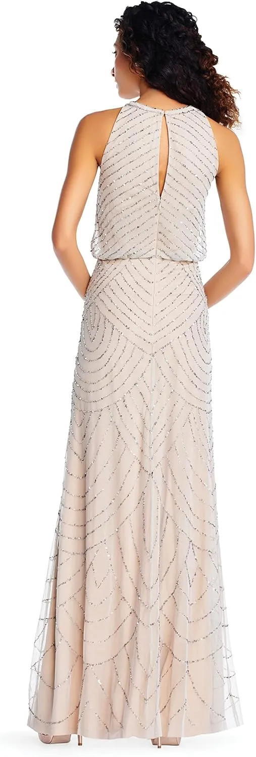 Adrianna Papell Women's Halter Art Deco Beaded Blouson Dress