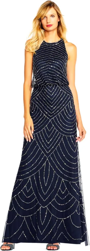 Adrianna Papell Women's Halter Art Deco Beaded Blouson Dress