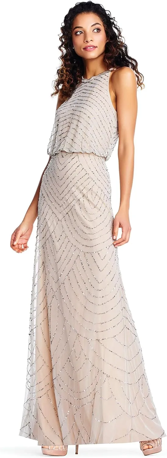 Adrianna Papell Women's Halter Art Deco Beaded Blouson Dress