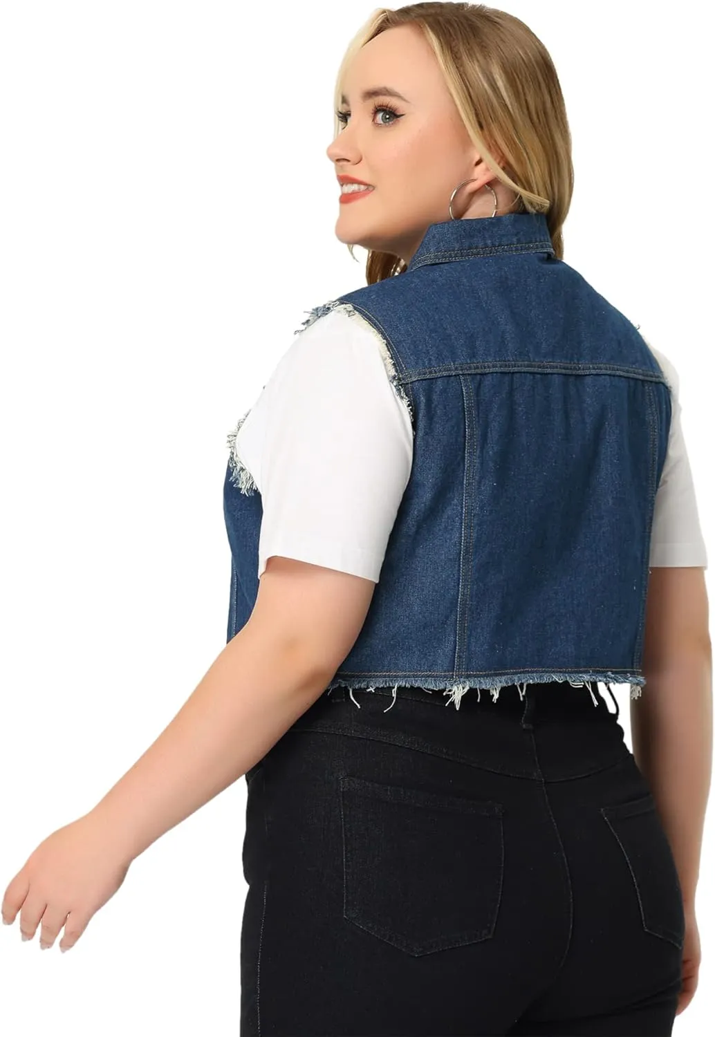 Agnes Orinda Plus Size Denim Jackets for Women Button Down Distressed Sleeveless Jean Vest Jacket