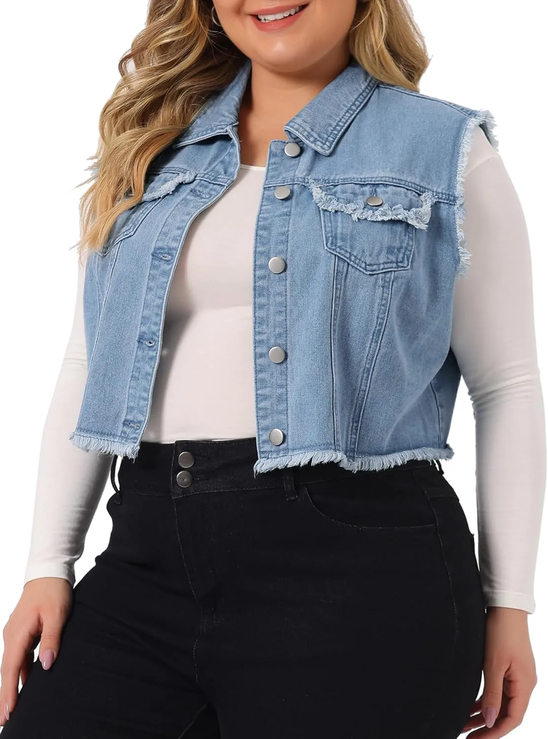Agnes Orinda Plus Size Denim Jackets for Women Button Down Distressed Sleeveless Jean Vest Jacket