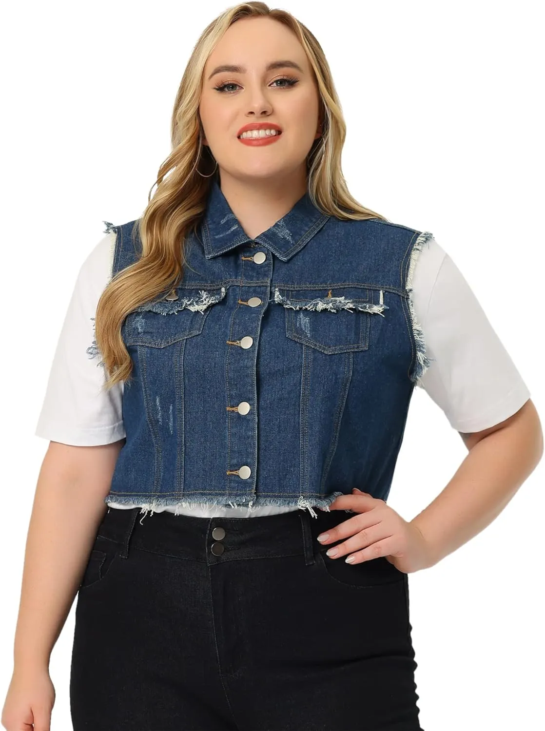 Agnes Orinda Plus Size Denim Jackets for Women Button Down Distressed Sleeveless Jean Vest Jacket