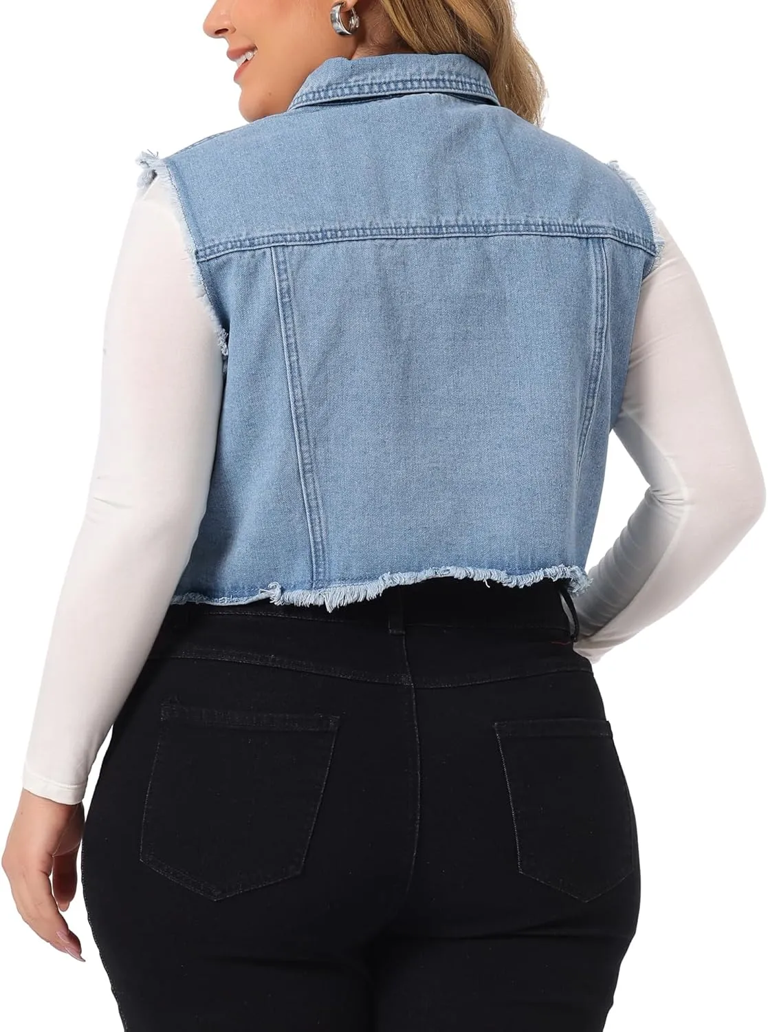 Agnes Orinda Plus Size Denim Jackets for Women Button Down Distressed Sleeveless Jean Vest Jacket