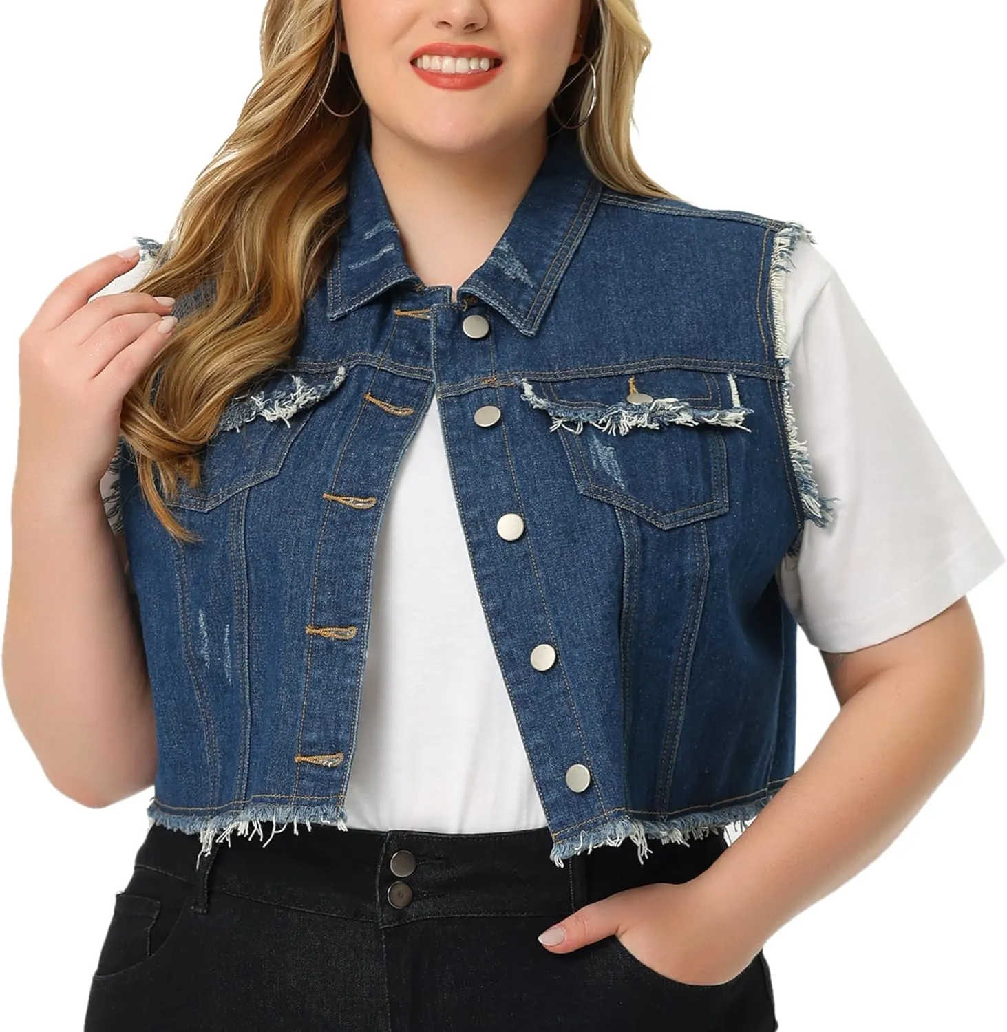Agnes Orinda Plus Size Denim Jackets for Women Button Down Distressed Sleeveless Jean Vest Jacket
