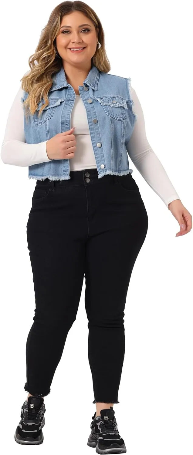 Agnes Orinda Plus Size Denim Jackets for Women Button Down Distressed Sleeveless Jean Vest Jacket