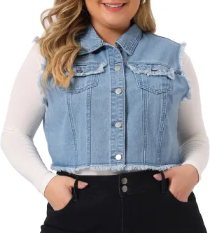 Agnes Orinda Plus Size Denim Jackets for Women Button Down Distressed Sleeveless Jean Vest Jacket
