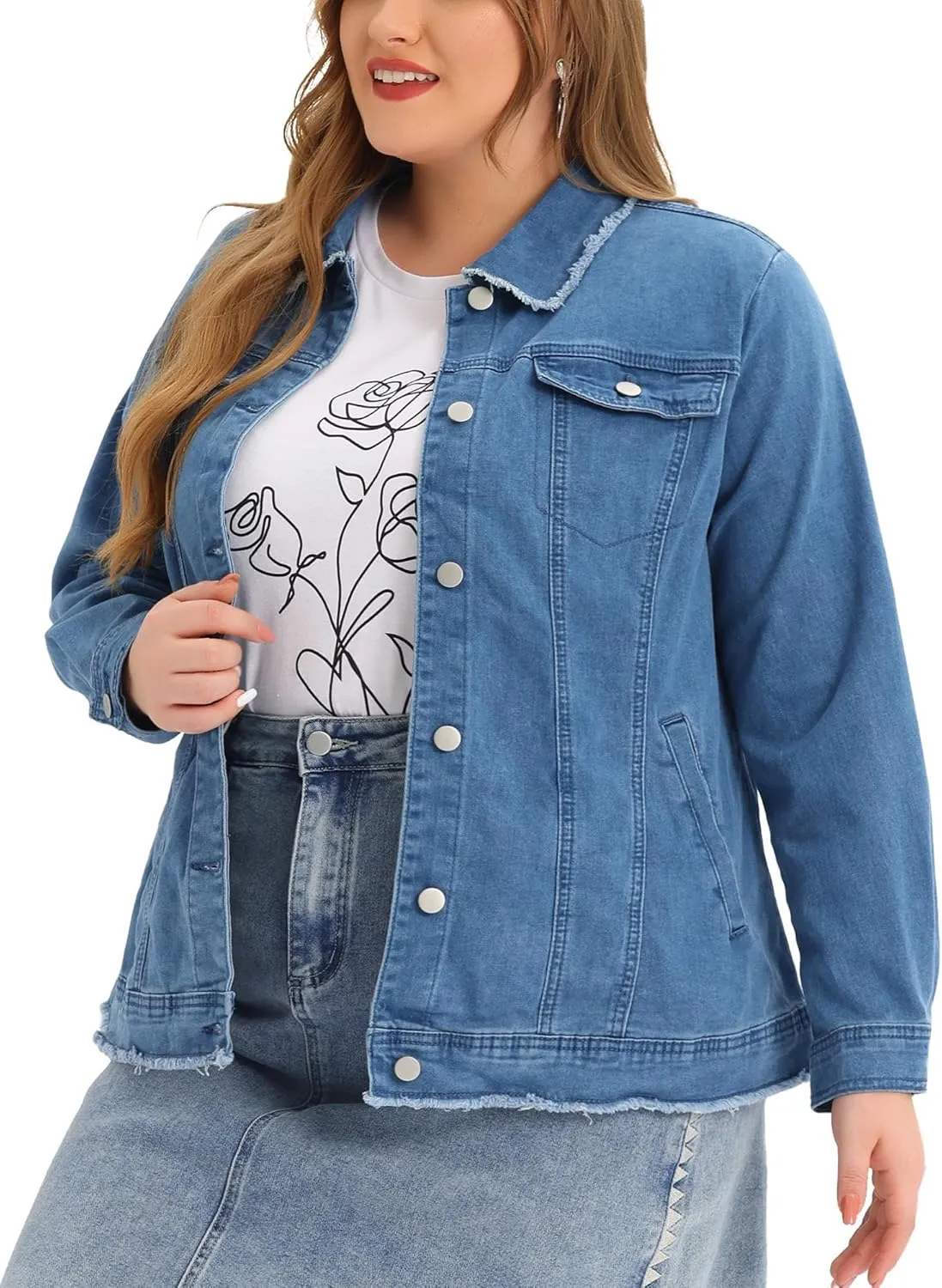 Agnes Orinda Plus Size Denim Jackets for Women Frayed Hem Classic Washed Jean Jacket