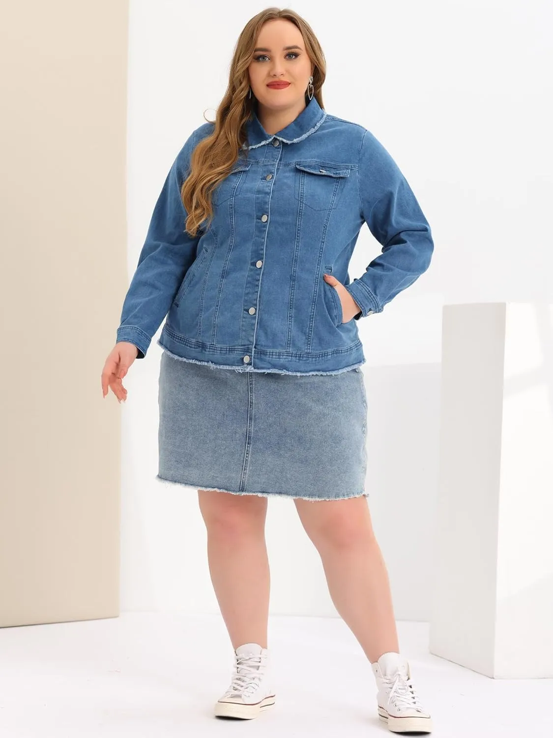Agnes Orinda Plus Size Denim Jackets for Women Frayed Hem Classic Washed Jean Jacket