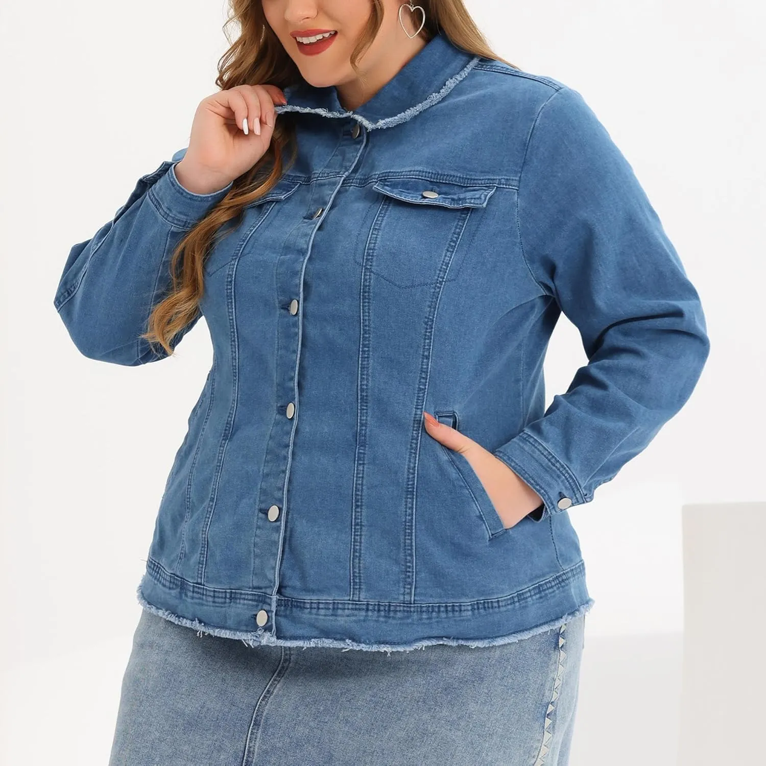 Agnes Orinda Plus Size Denim Jackets for Women Frayed Hem Classic Washed Jean Jacket