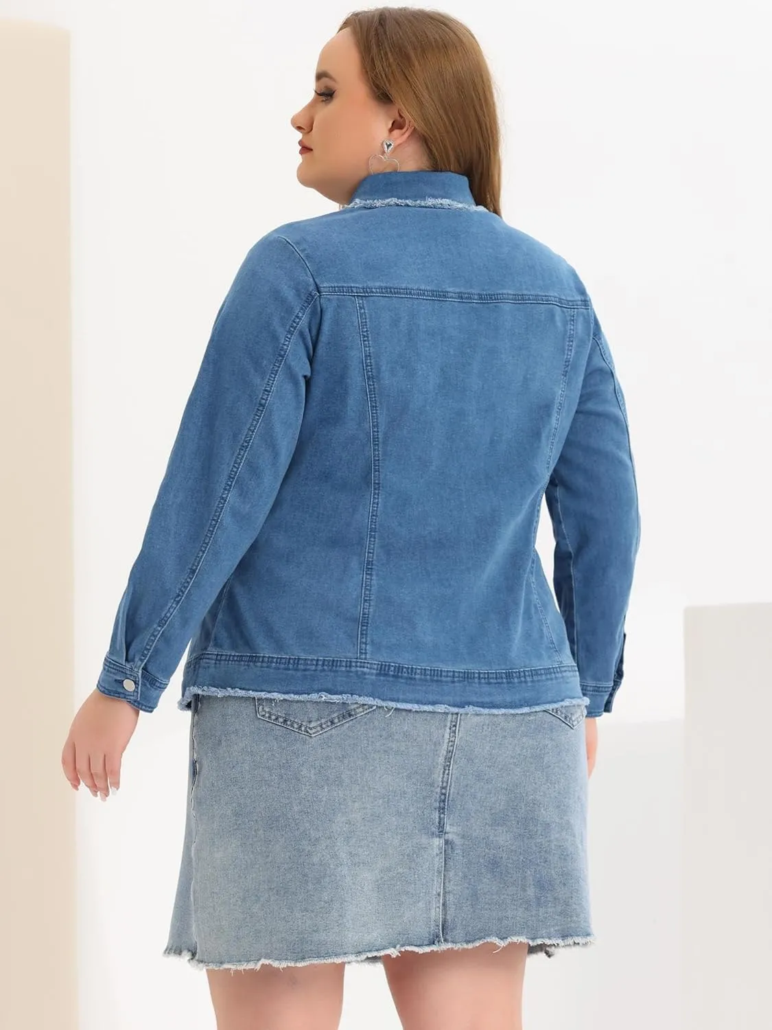 Agnes Orinda Plus Size Denim Jackets for Women Frayed Hem Classic Washed Jean Jacket