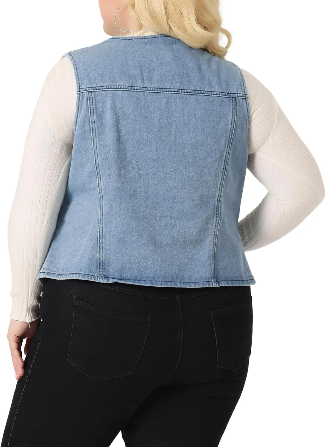 Agnes Orinda Plus Size Denim Jackets for Women V Neck Sleeveless Utility Jean Denim Vests
