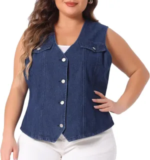 Agnes Orinda Plus Size Denim Jackets for Women V Neck Sleeveless Utility Jean Denim Vests