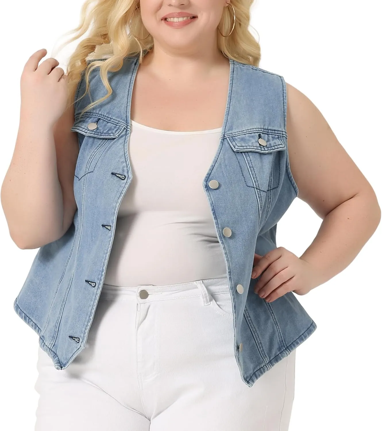 Agnes Orinda Plus Size Denim Jackets for Women V Neck Sleeveless Utility Jean Denim Vests