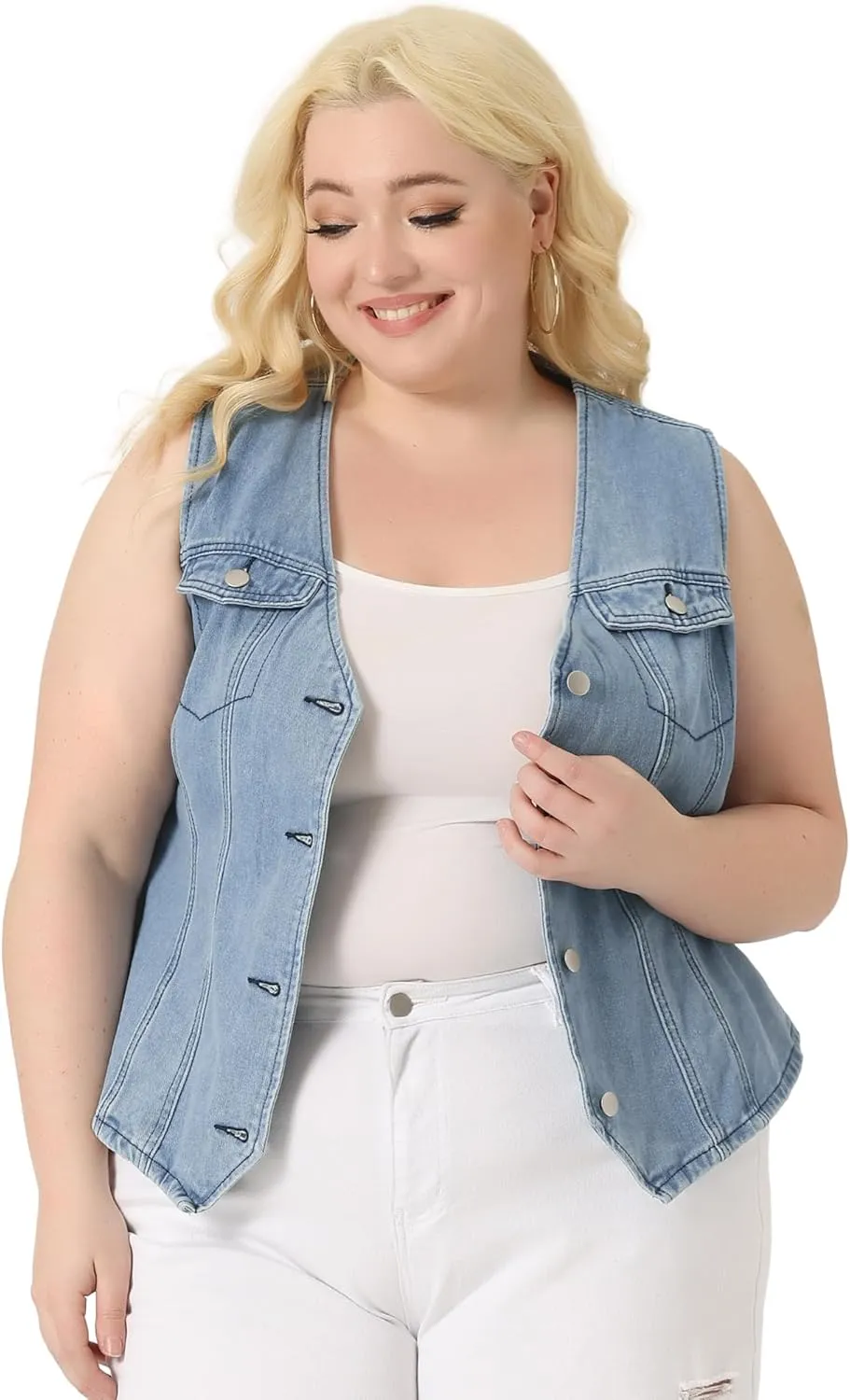 Agnes Orinda Plus Size Denim Jackets for Women V Neck Sleeveless Utility Jean Denim Vests