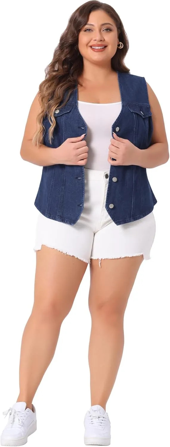 Agnes Orinda Plus Size Denim Jackets for Women V Neck Sleeveless Utility Jean Denim Vests