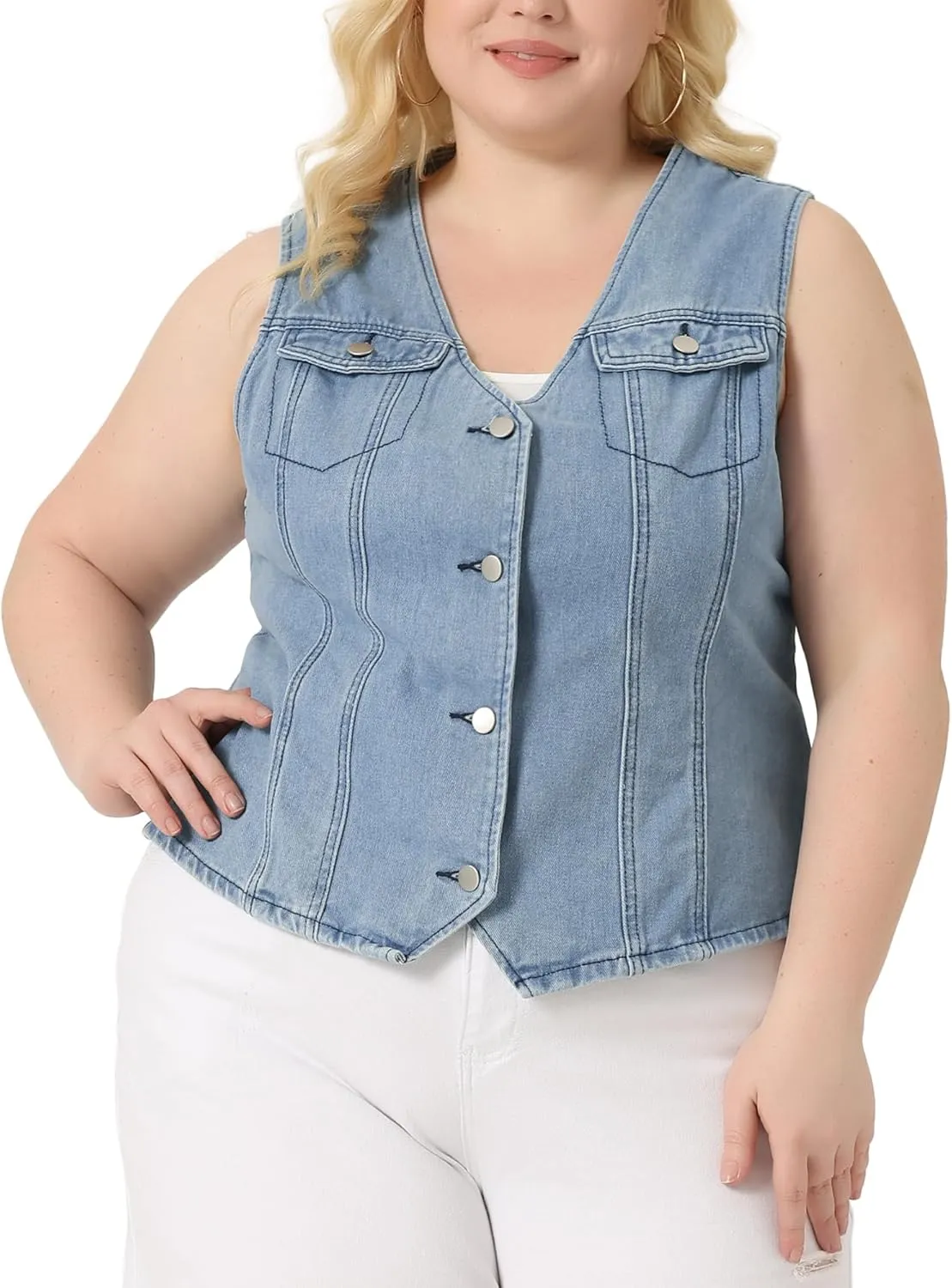 Agnes Orinda Plus Size Denim Jackets for Women V Neck Sleeveless Utility Jean Denim Vests