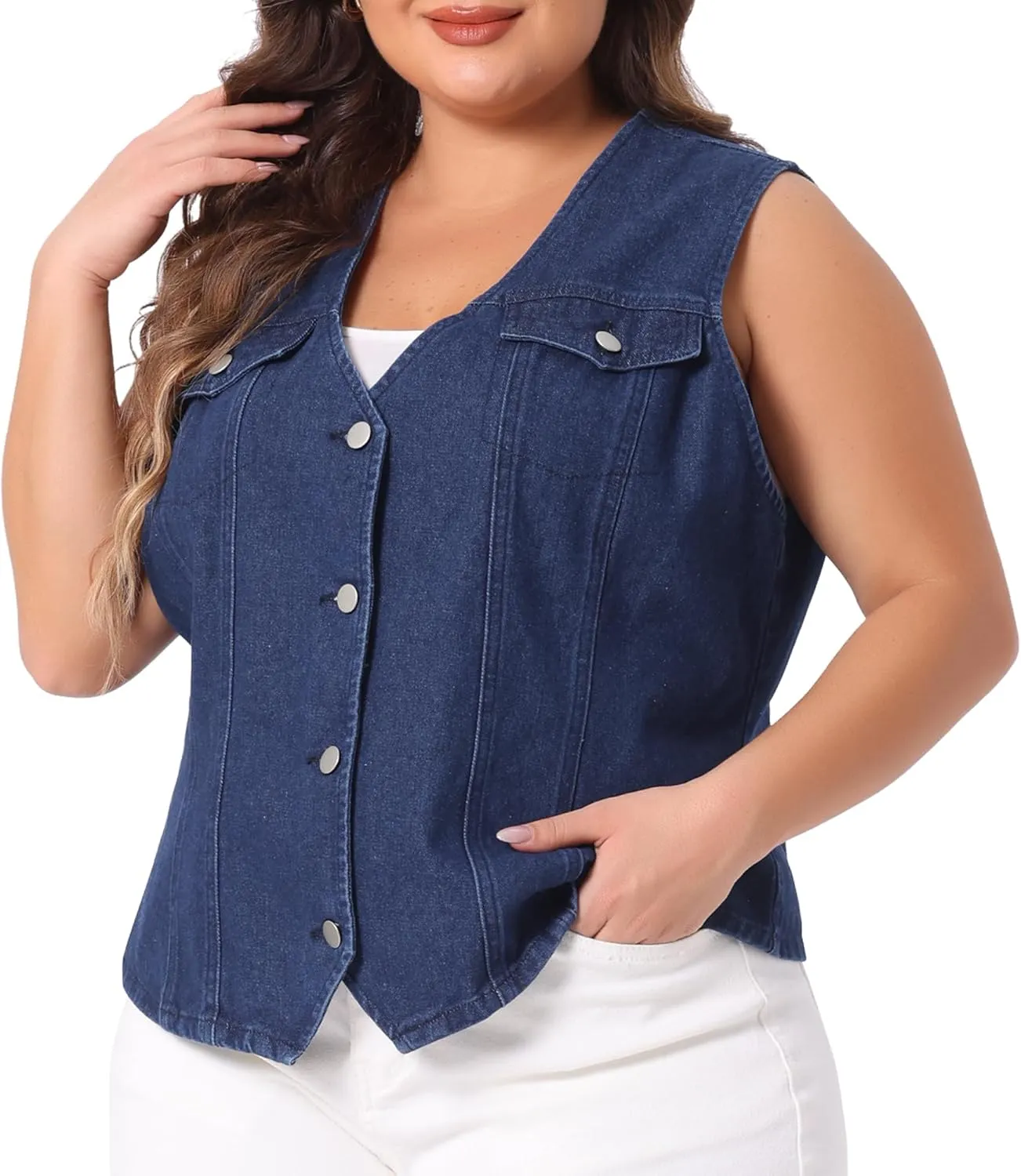 Agnes Orinda Plus Size Denim Jackets for Women V Neck Sleeveless Utility Jean Denim Vests