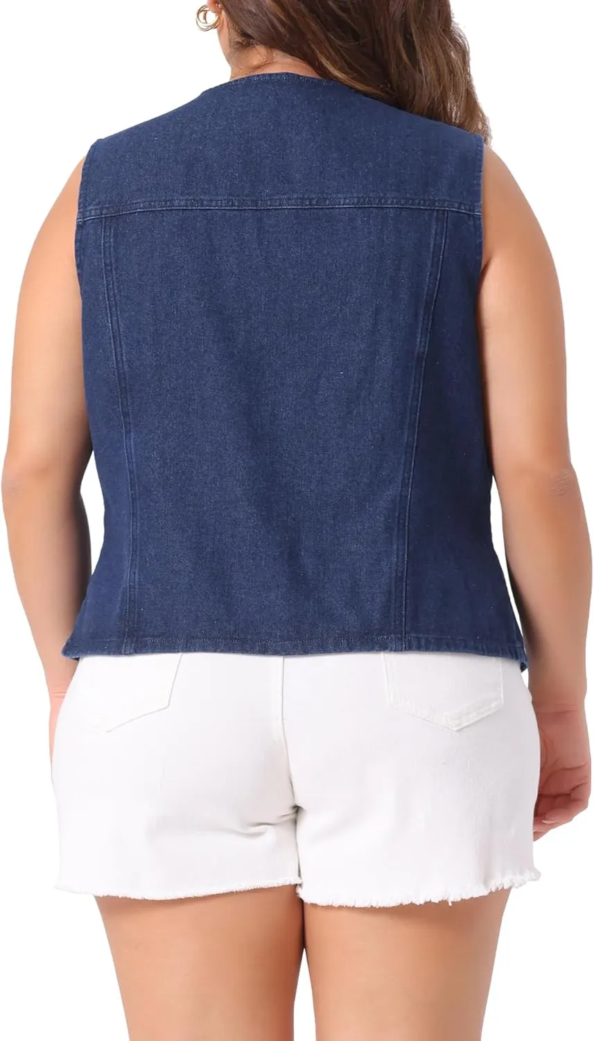 Agnes Orinda Plus Size Denim Jackets for Women V Neck Sleeveless Utility Jean Denim Vests