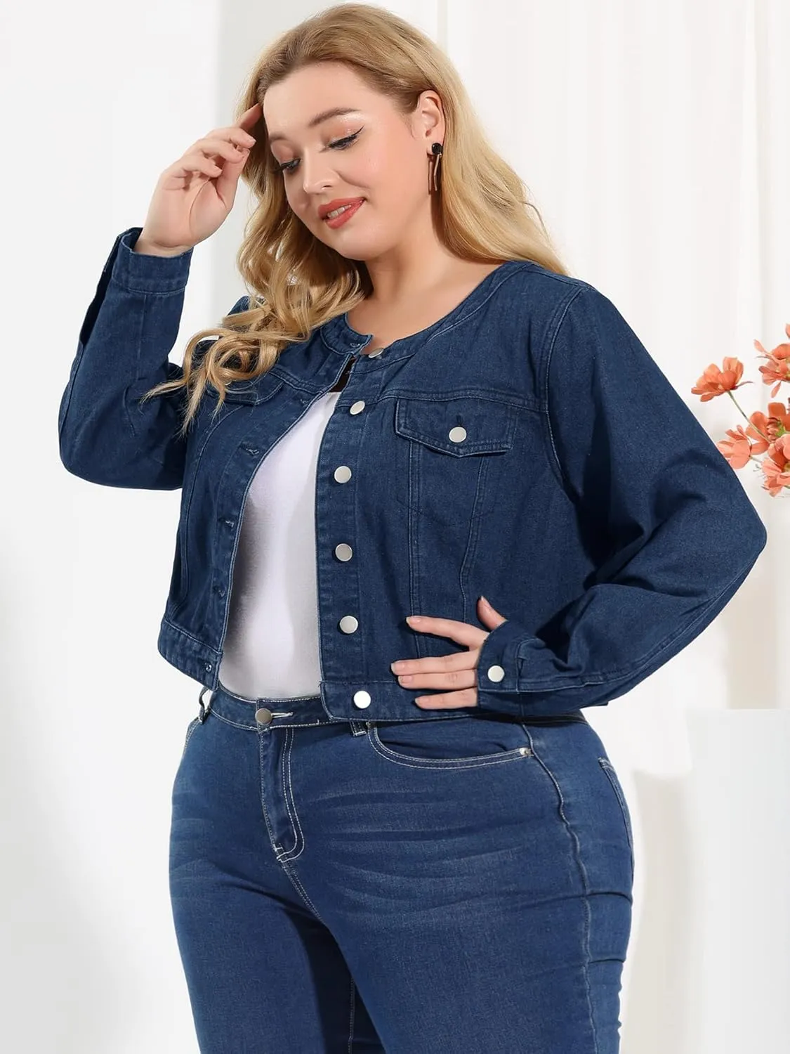 Agnes Orinda Women's Plus Size Denim Jackets Button Closed Long Sleeve No Collar Crop Denim Jacket