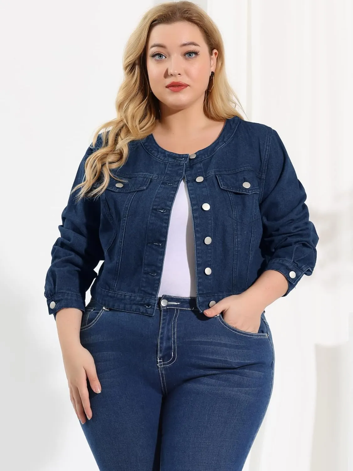 Agnes Orinda Women's Plus Size Denim Jackets Button Closed Long Sleeve No Collar Crop Denim Jacket