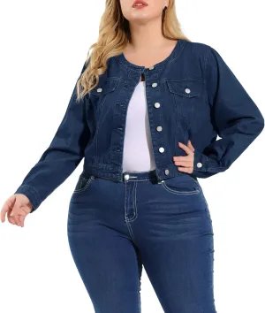 Agnes Orinda Women's Plus Size Denim Jackets Button Closed Long Sleeve No Collar Crop Denim Jacket