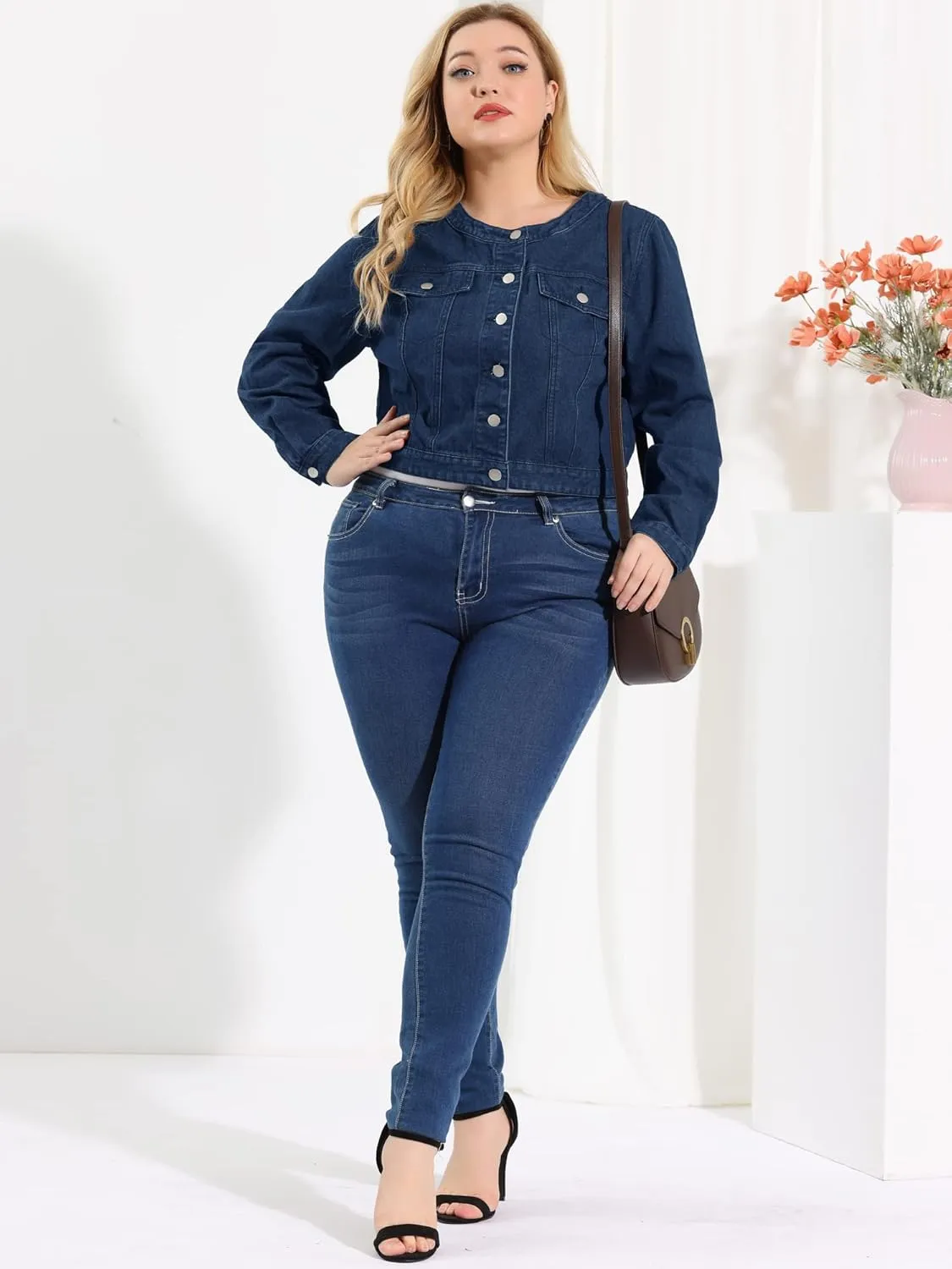 Agnes Orinda Women's Plus Size Denim Jackets Button Closed Long Sleeve No Collar Crop Denim Jacket