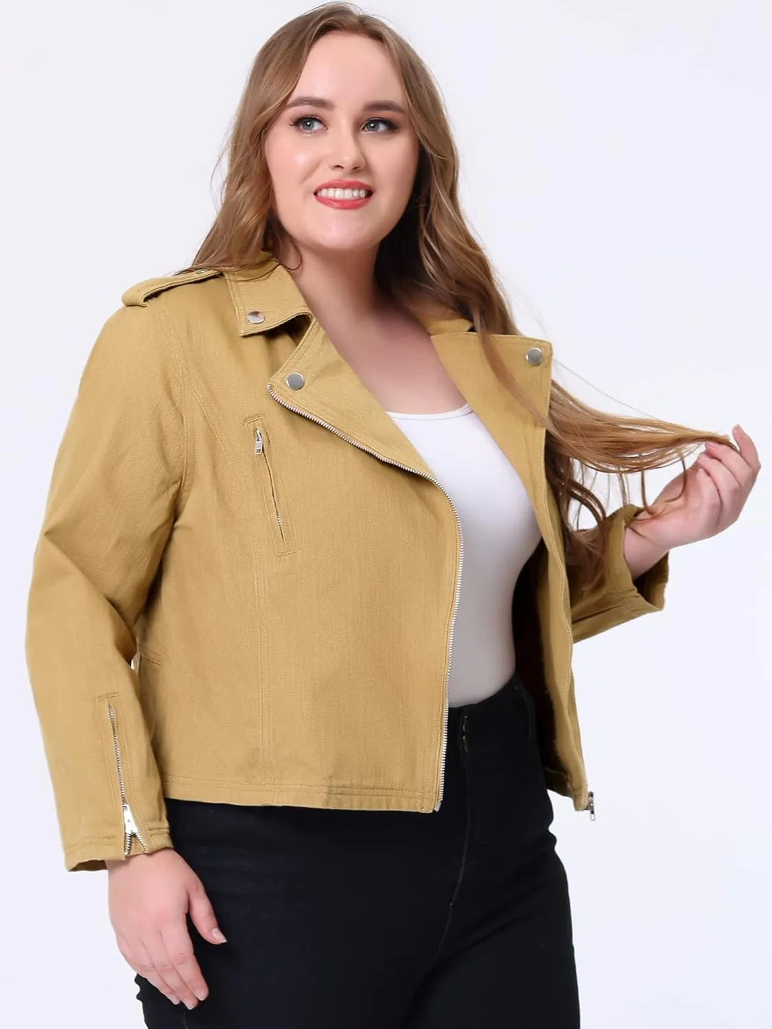 Agnes Orinda Women's Plus Size Denim Jackets Collar Inclined Zip Closure Biker Moto Jacket 2024