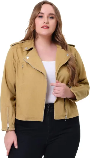 Agnes Orinda Women's Plus Size Denim Jackets Collar Inclined Zip Closure Biker Moto Jacket 2024