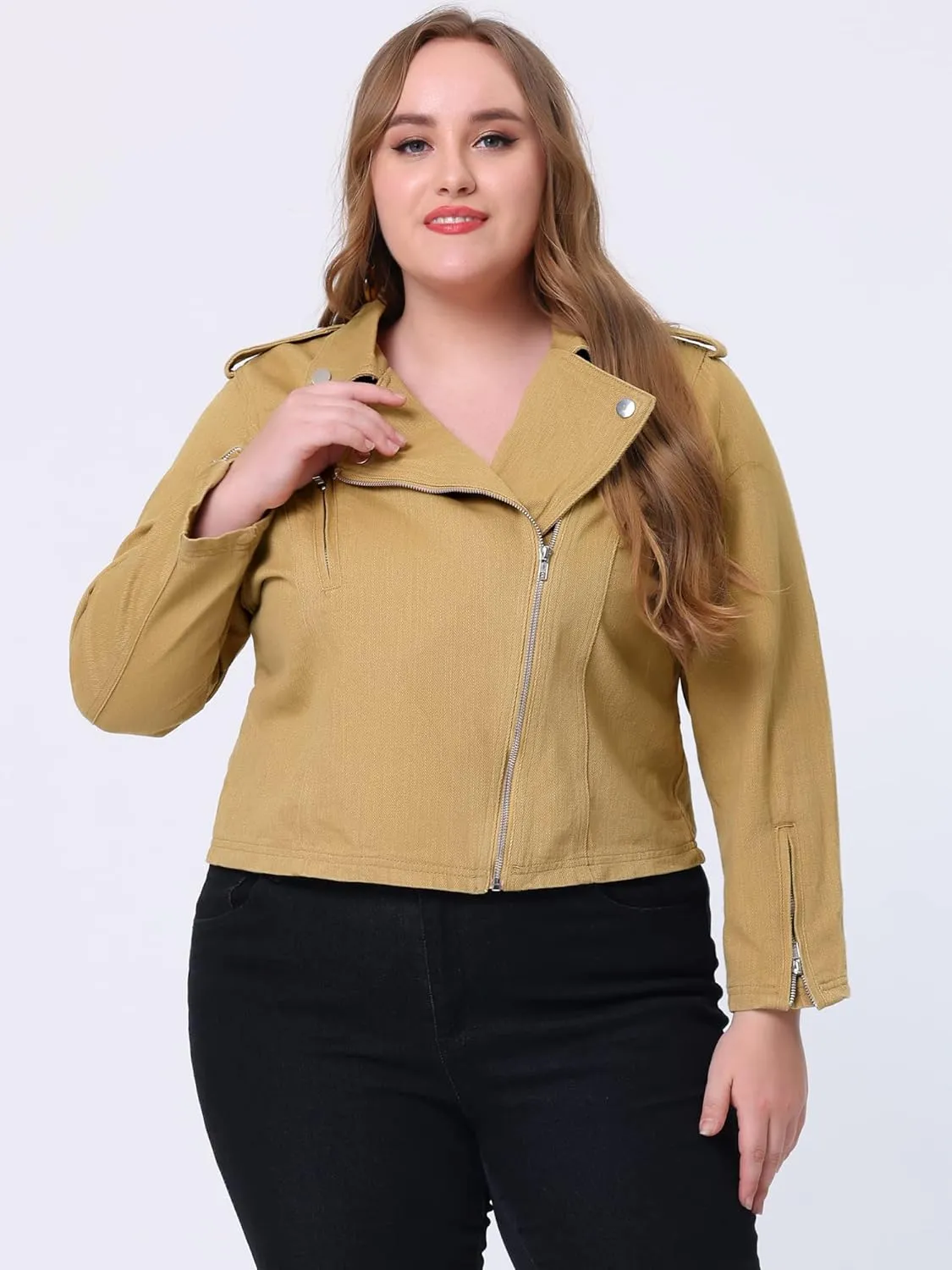 Agnes Orinda Women's Plus Size Denim Jackets Collar Inclined Zip Closure Biker Moto Jacket 2024