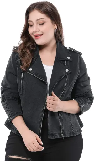 Agnes Orinda Women's Plus Size Denim Jackets Collar Inclined Zip Closure Biker Moto Jacket 2024