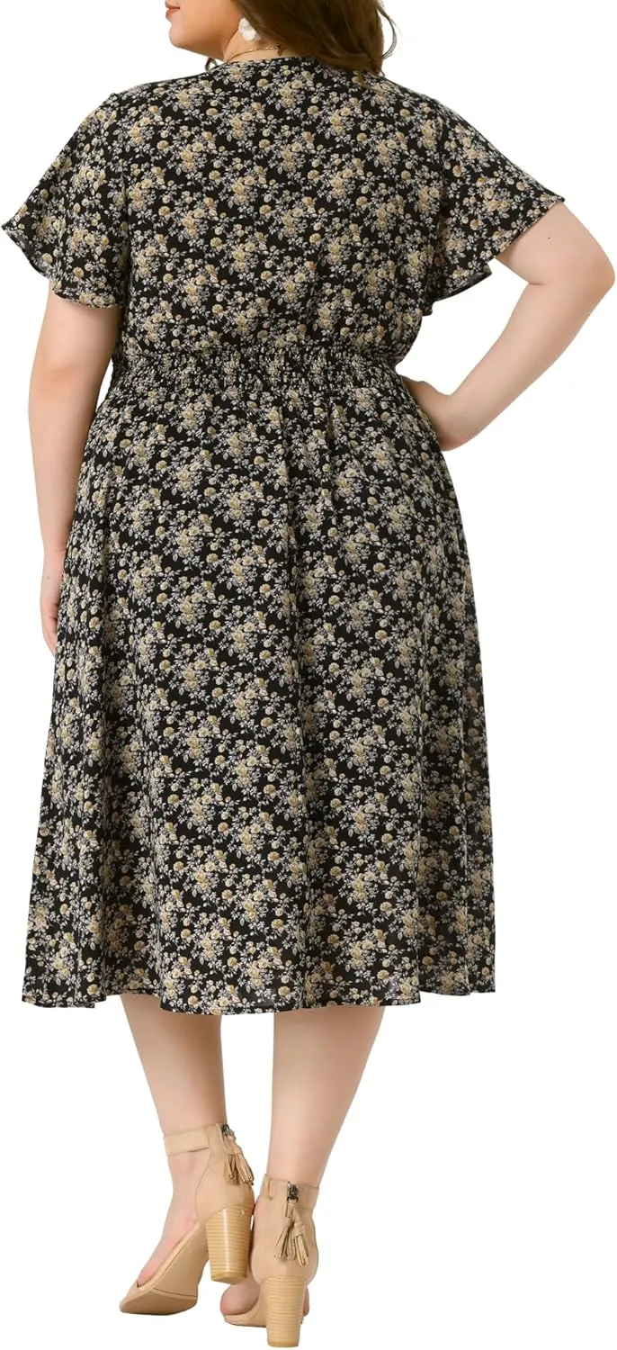 Agnes Orinda Women's Plus Size Summer Dress 2025 Floral Print V Neck Smocked A-Line Flowy Midi Dress