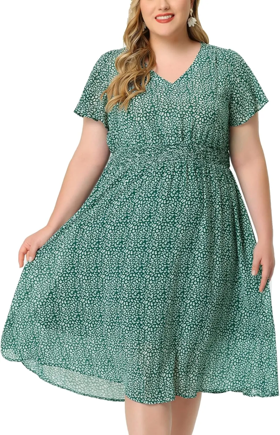 Agnes Orinda Women's Plus Size Summer Dress 2025 Floral Print V Neck Smocked A-Line Flowy Midi Dress