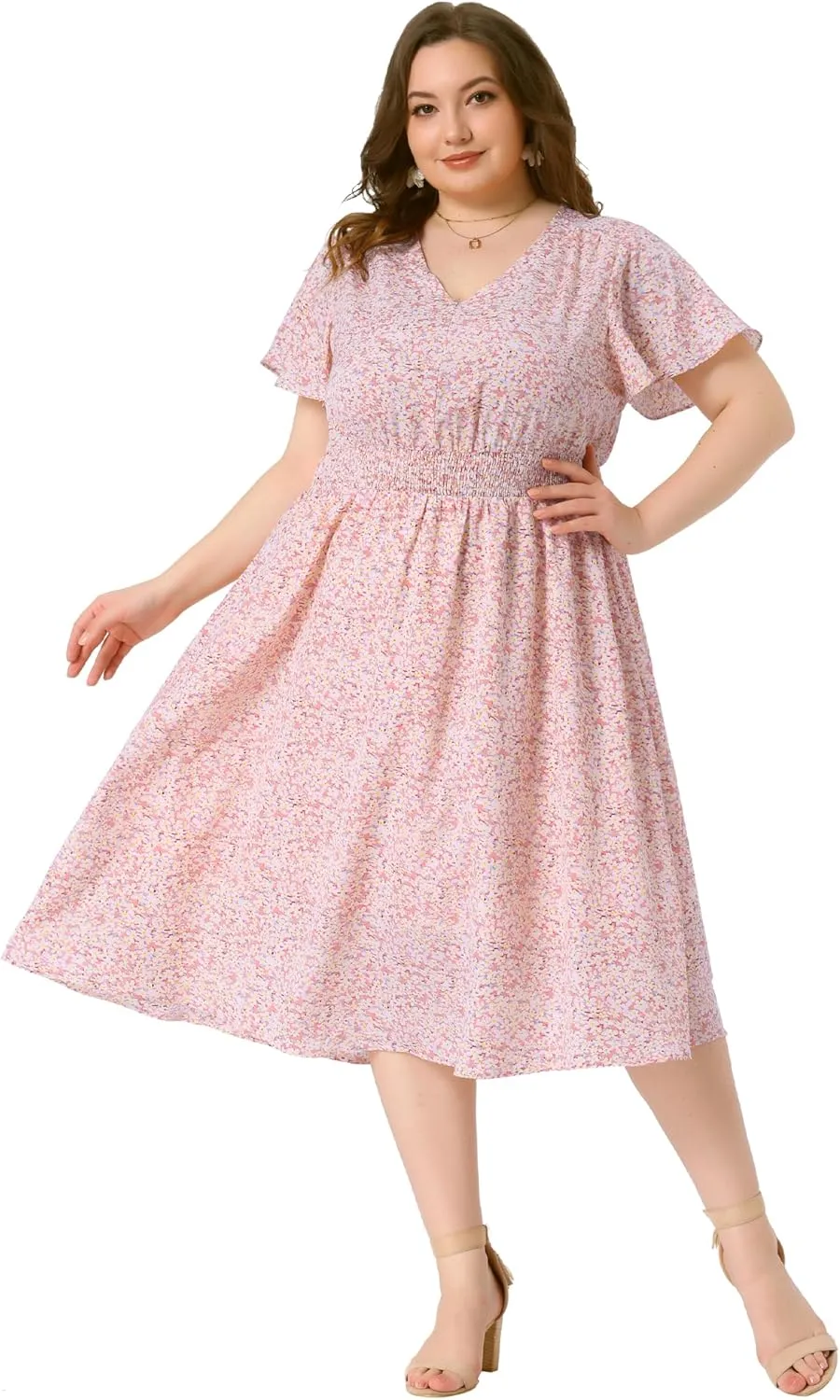 Agnes Orinda Women's Plus Size Summer Dress 2025 Floral Print V Neck Smocked A-Line Flowy Midi Dress