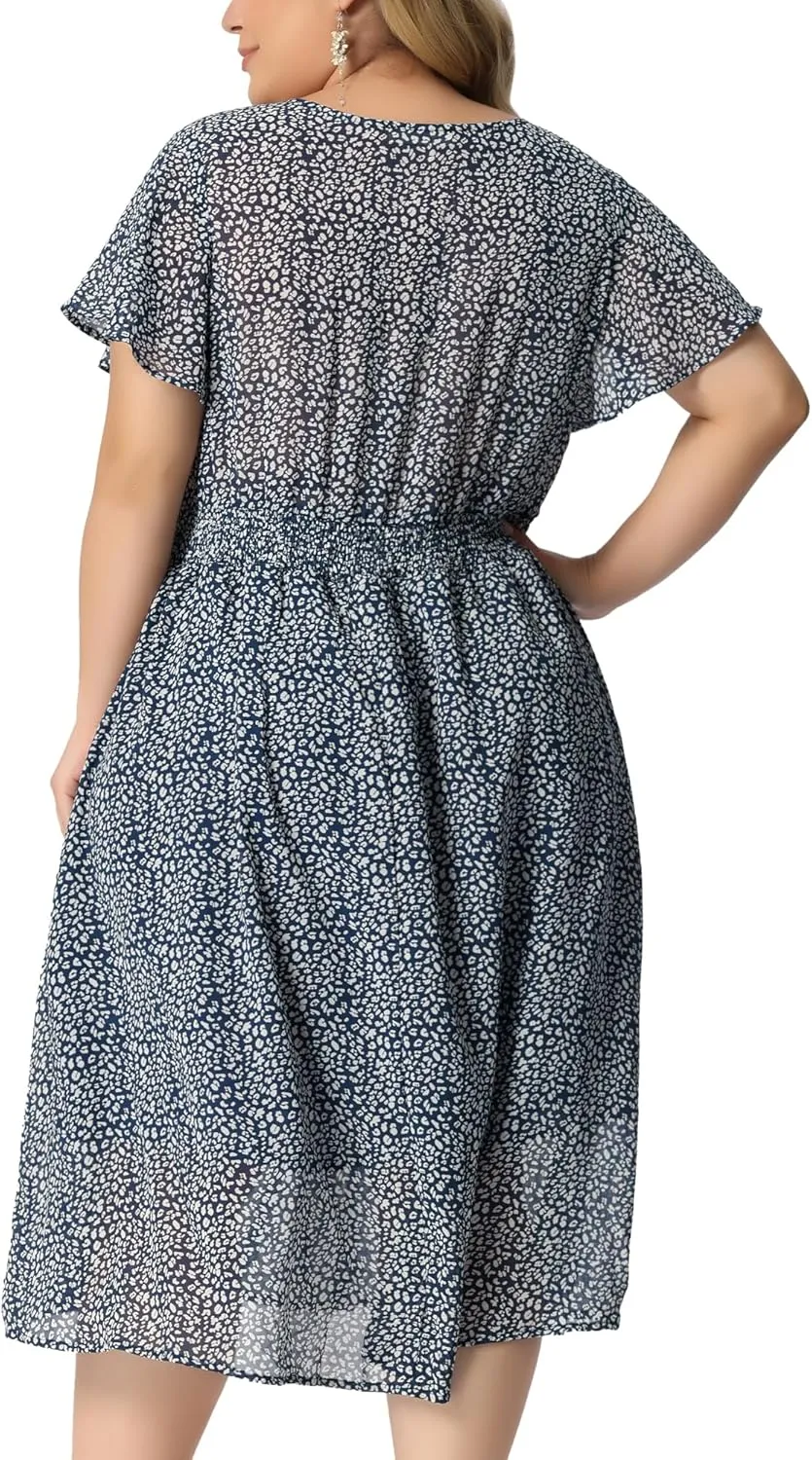 Agnes Orinda Women's Plus Size Summer Dress 2025 Floral Print V Neck Smocked A-Line Flowy Midi Dress