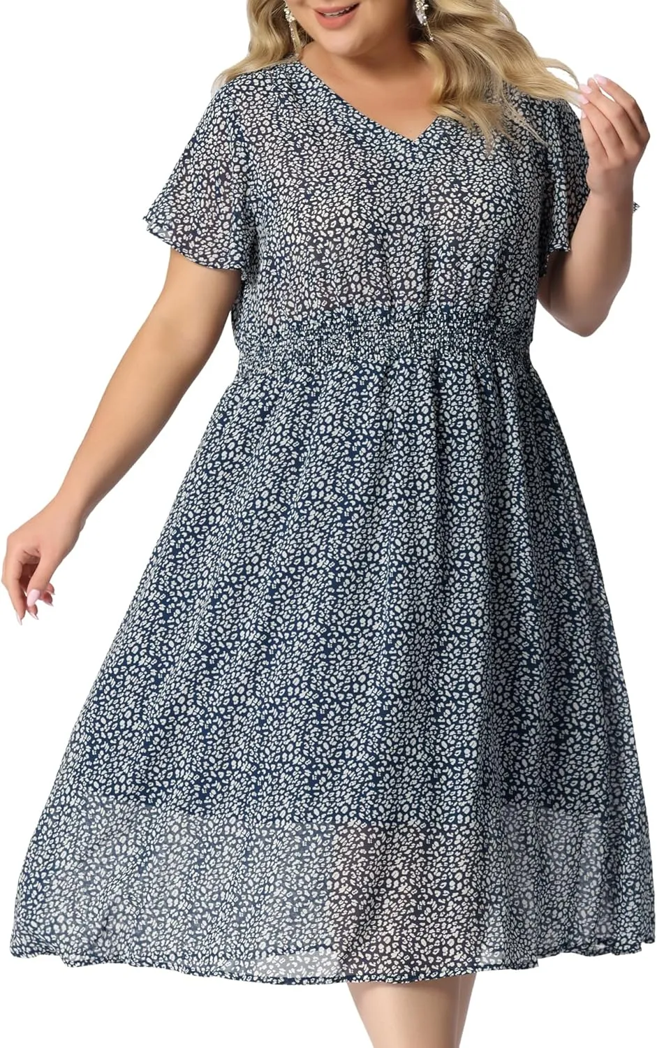 Agnes Orinda Women's Plus Size Summer Dress 2025 Floral Print V Neck Smocked A-Line Flowy Midi Dress