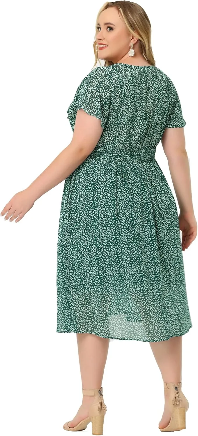 Agnes Orinda Women's Plus Size Summer Dress 2025 Floral Print V Neck Smocked A-Line Flowy Midi Dress